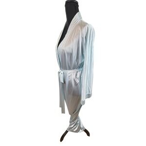 Vintage 70s Vanity Fair Pale Blue Nylon Robe Floor Length M Pocket Made in USA